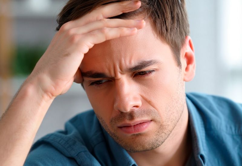 Молодой мужчина в синей рубашке и серой футболке держит ладонь на лбу